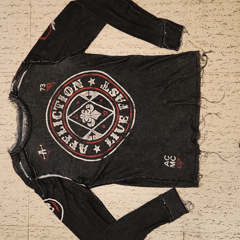 Affliction Gray Distressed Big Logo Spellout Reversible Long Sleeve Sweat Shirt